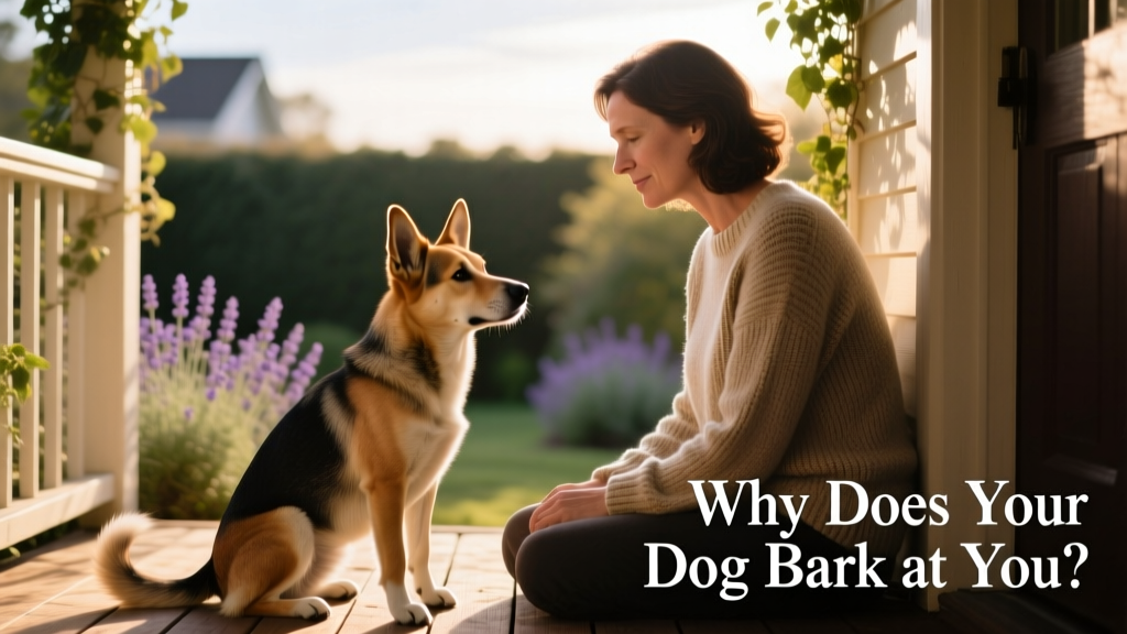 A calm dog sitting attentively beside its owner, ears forward and tail relaxed, illustrating attentive communication