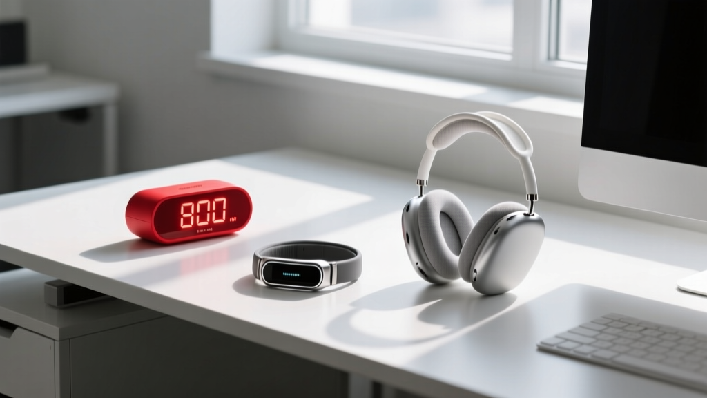 Minimalist desk setup featuring a red visual timer, a haptic focus wearable, and noise-canceling headphones for ADHD