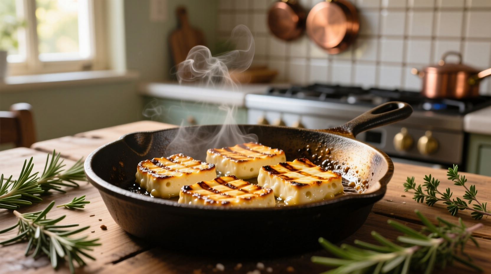Golden brown halloumi slices in cast iron skillet
