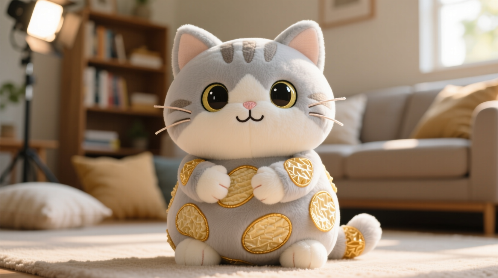 Grey cat plush with potato chip pattern and soft mochi texture