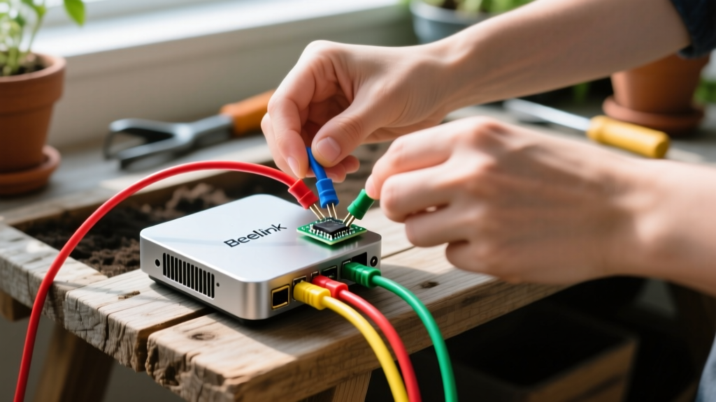 Hands connecting color-coded jumper wires from a BME280 sensor to the GPIO pins of a Beelink mini PC on a wooden potting bench