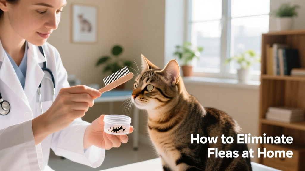 Veterinarian gently examining a cat’s ear while holding a flea comb and small container of flea dirt