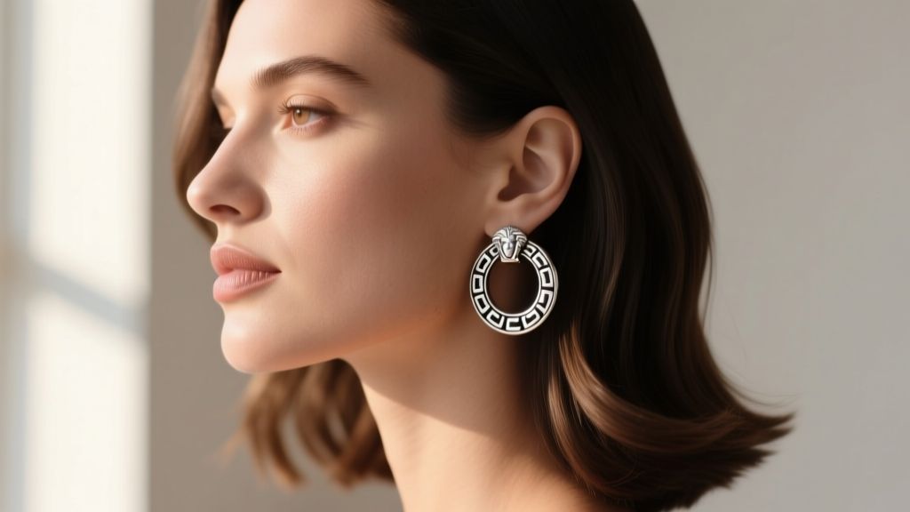 Side profile of a woman wearing medium silver-tone Versace Greca huggie hoops, illuminated by soft natural window light.