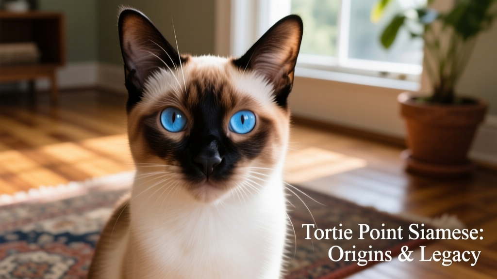 A close-up portrait of a Tortie Point Siamese cat showing vivid mottled brown and black points on its face and ears, with bright blue eyes and a creamy off-white body