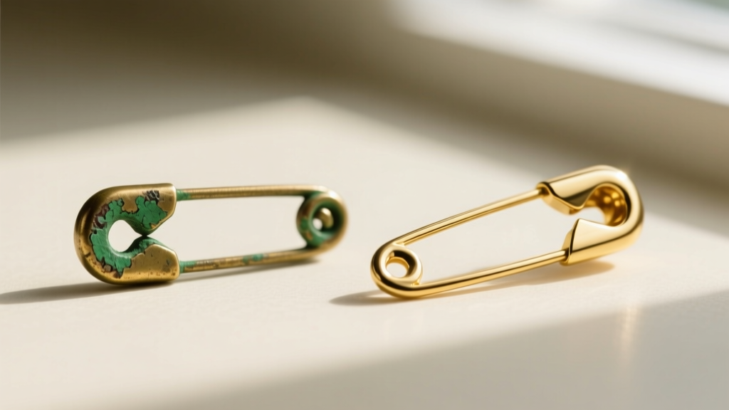 Macro shot of a cheap brass safety pin pendant with green hinge oxidation beside a pristine 18k gold-plated artisan safety pin