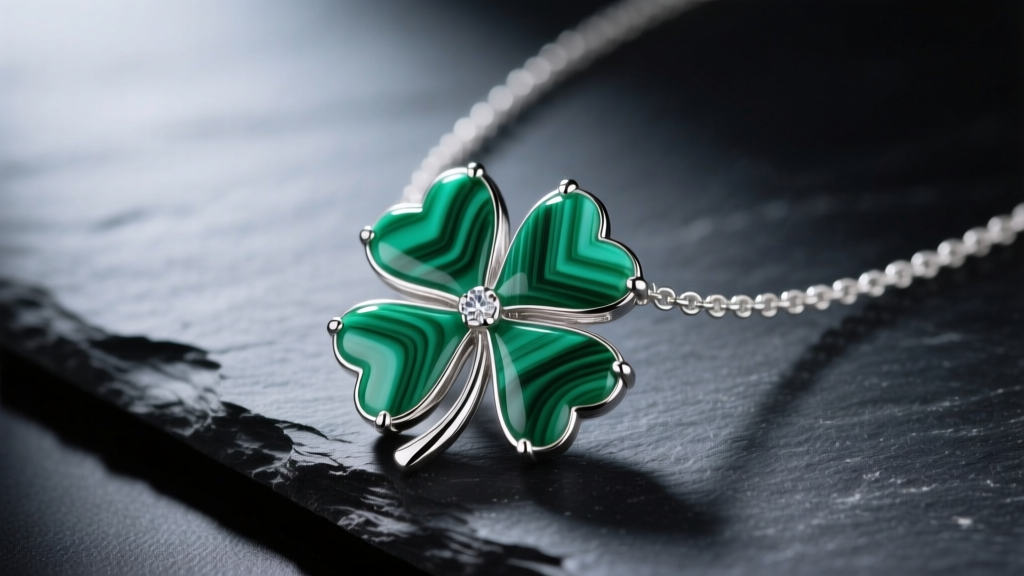 Macro shot of a 925 sterling silver four leaf clover necklace with green malachite inlay on dark slate under soft studio lighting