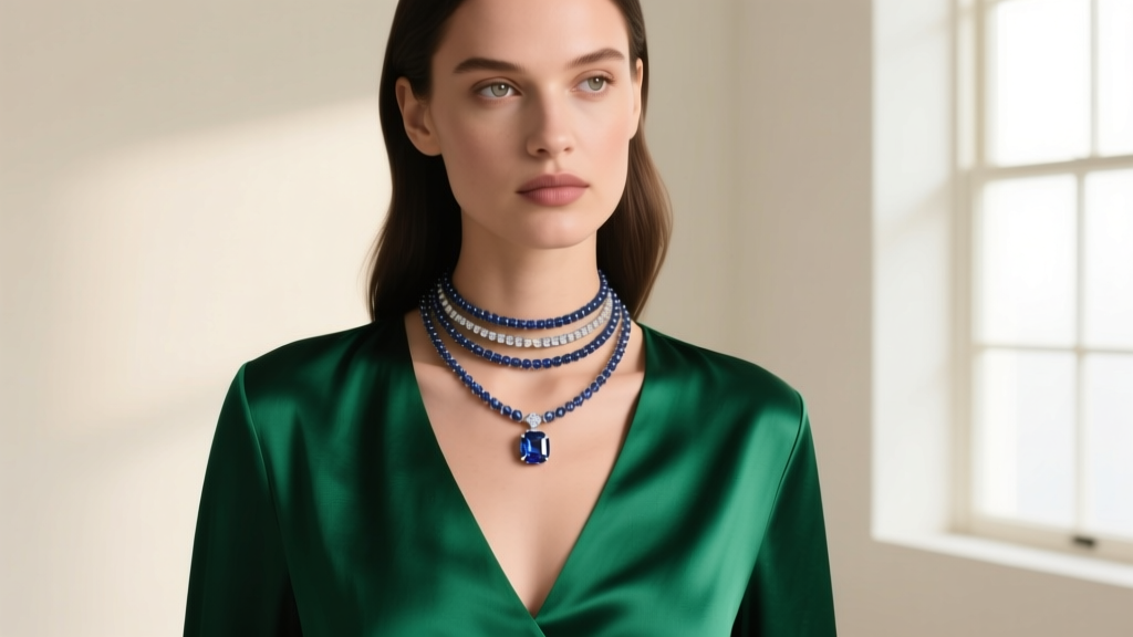 Layered 4mm sapphire bead choker and 8mm princess necklace over a deep V-neck emerald green silk blouse, studio portrait