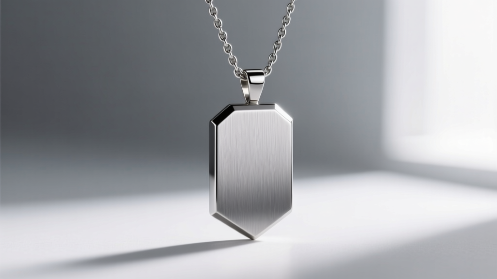 Matte titanium pendant on a steel chain against a grey gradient, focusing sharply on the brushed metal surface and beveled edges.