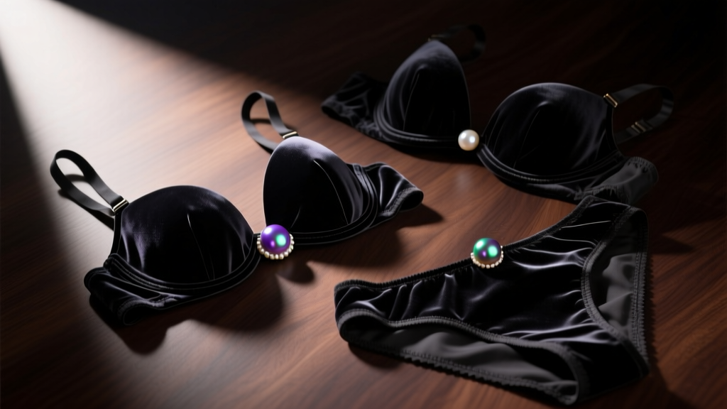 Flat-lay of a dark Tahitian pearl chest harness beside black velvet lingerie, illuminated by a dramatic spotlight on dark wood