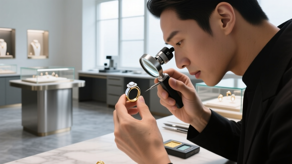 Jeweler using an electronic gold tester and loupe to inspect a 14k white gold ring in a bright professional jewelry workshop
