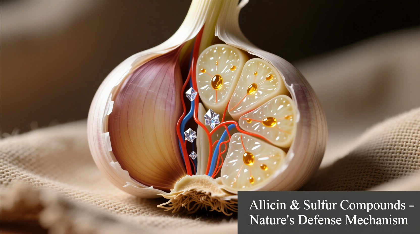 Fresh garlic cloves with cross-section showing active compounds