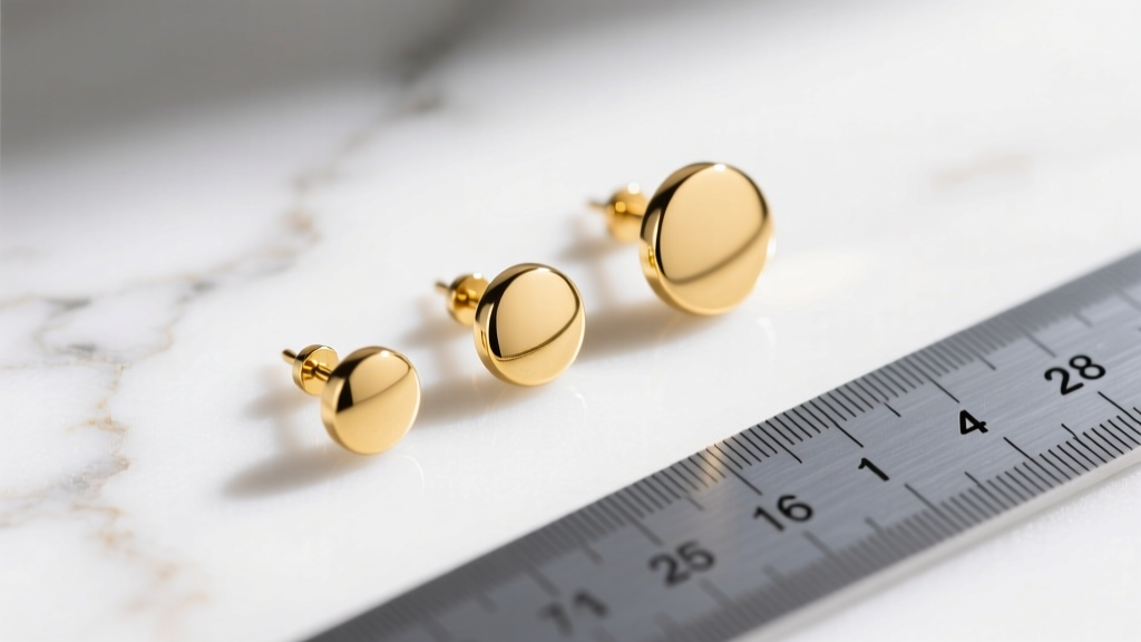 Top view of 4mm, 6mm, and 8mm gold circle stud earrings beside a metric ruler on white marble, sharp focus and bright natural light
