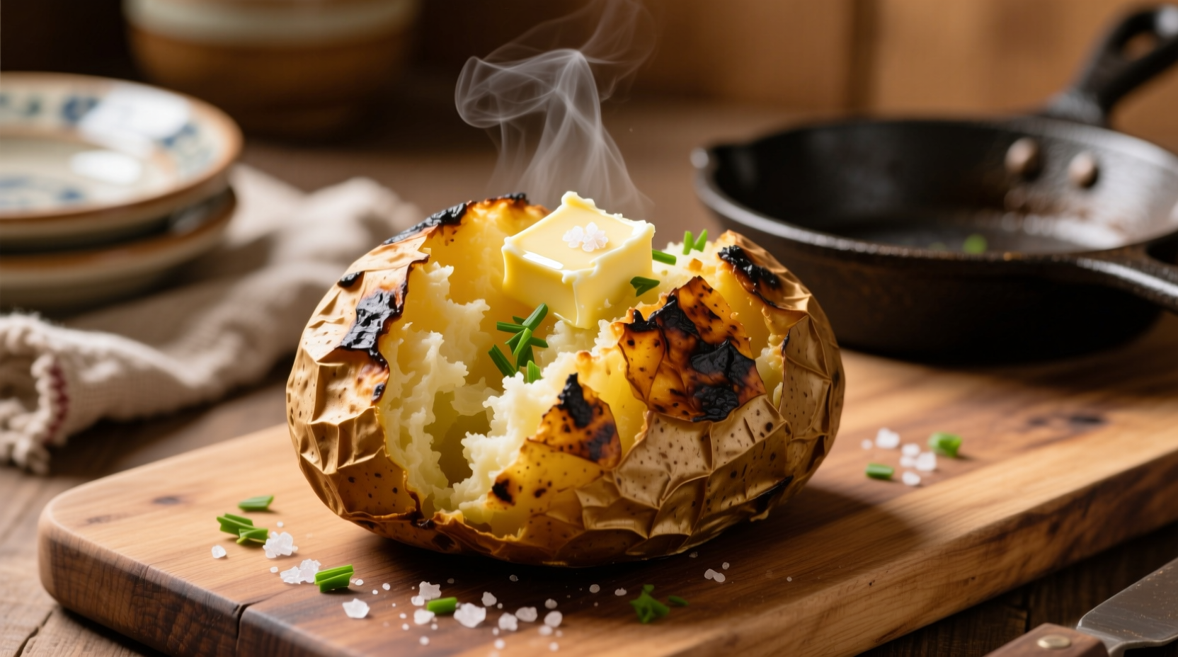 Crispy grilled jacket potato with fluffy interior