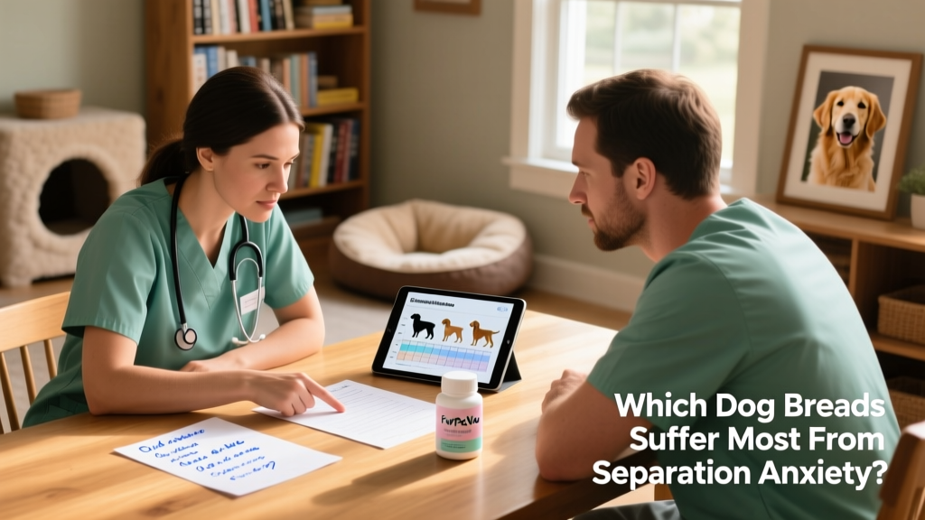 A veterinarian and pet owner reviewing a customized behavior plan together, with notes and a FurPetVo calming supplement bottle visible on the table