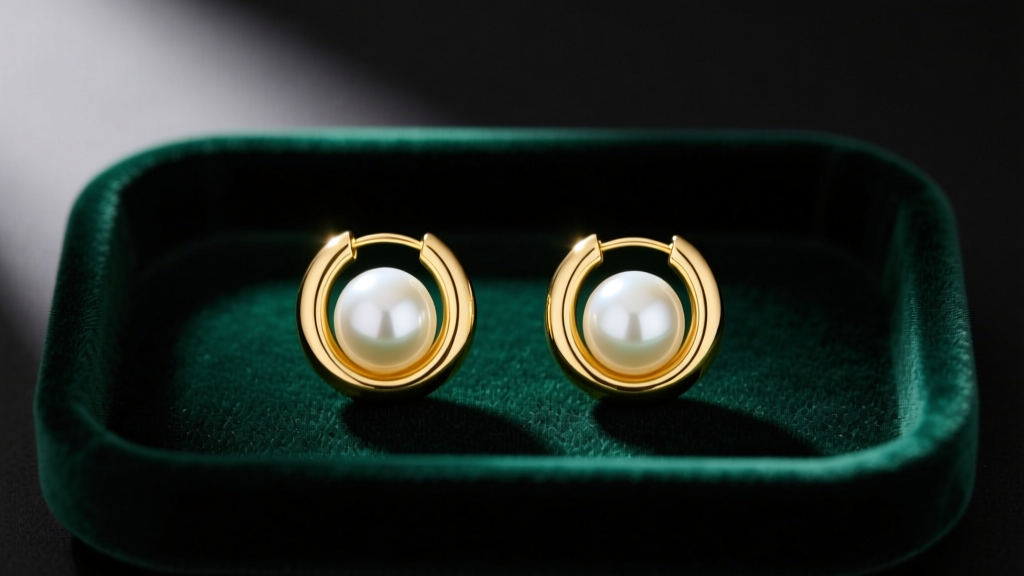 Flat lay of 14k yellow gold hoop earrings with white Akoya pearls on dark emerald velvet tray, soft directional lighting.