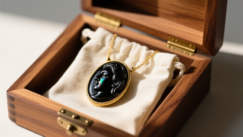Antique black agate cameo necklace stored inside a tarnish-resistant cloth pouch, placed within a cedar-lined wooden jewelry box.