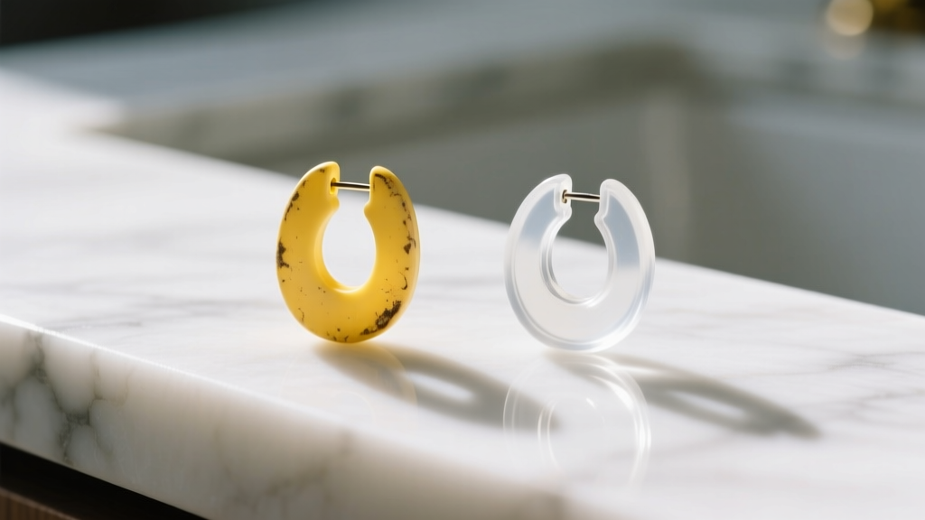 Side-by-side comparison of a yellowed plastic earring back and a new clear silicone back resting on a white marble countertop