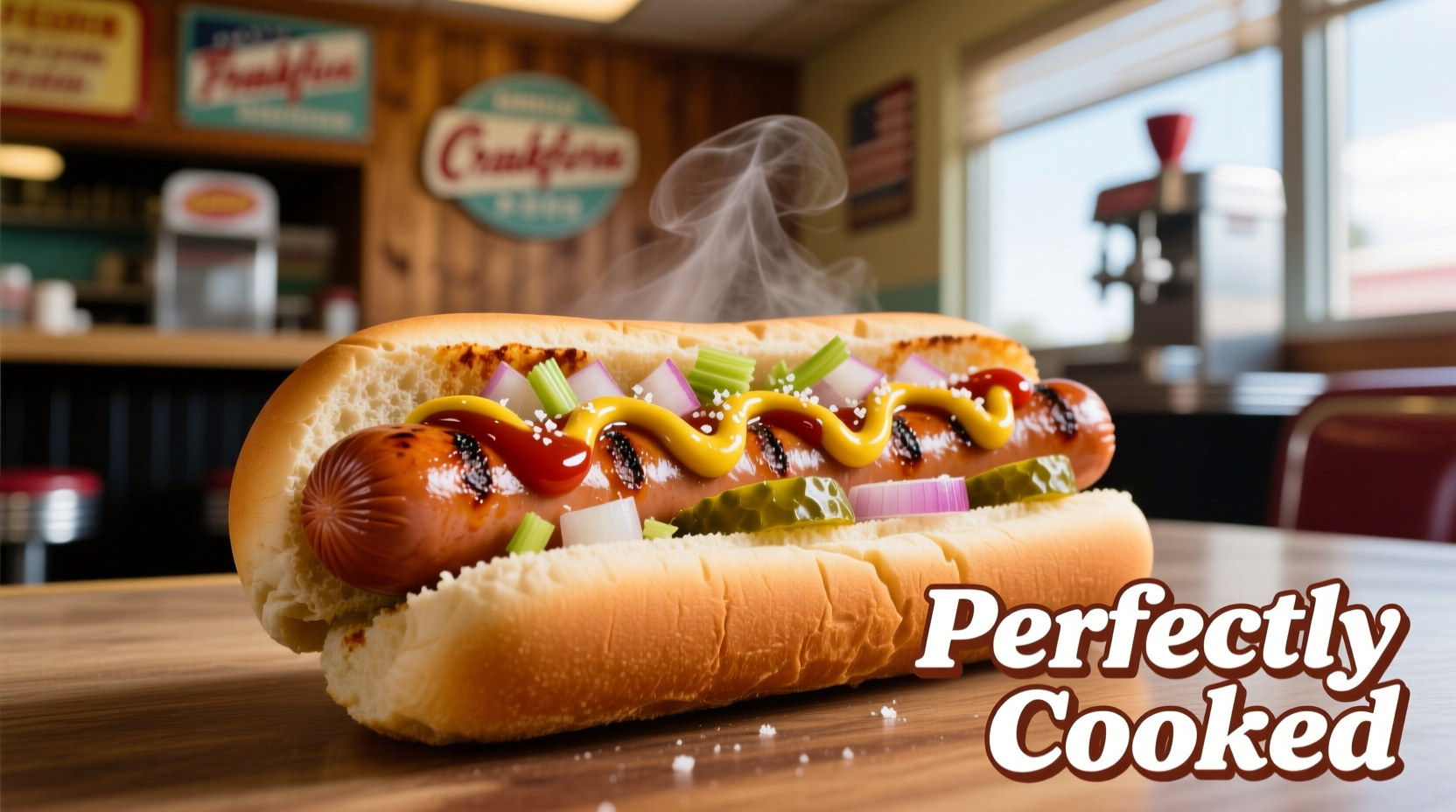 Perfectly cooked hot dogs on a bun with classic toppings