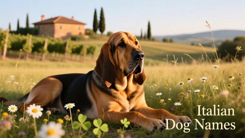 Bloodhound lying peacefully in golden sunlight, resting in a quiet meadow
