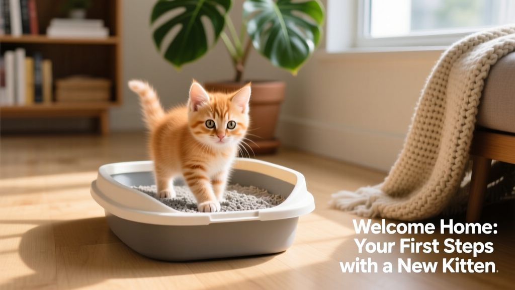 A small kitten stepping into a low-sided litter box with shallow litter