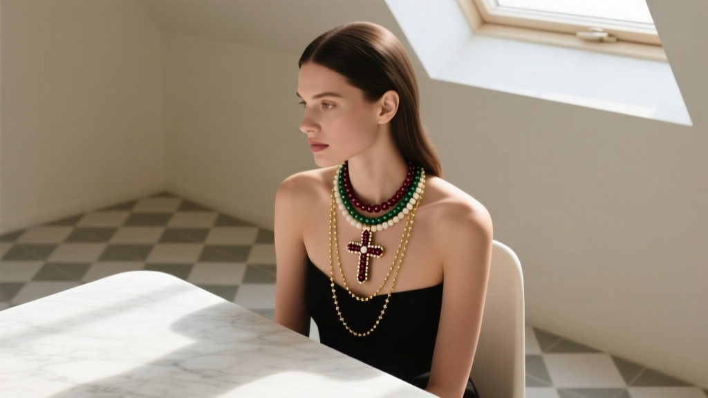 Overhead shot of a woman wearing a layered necklace set with a beaded cross pendant and delicate gold-filled satellite chains.