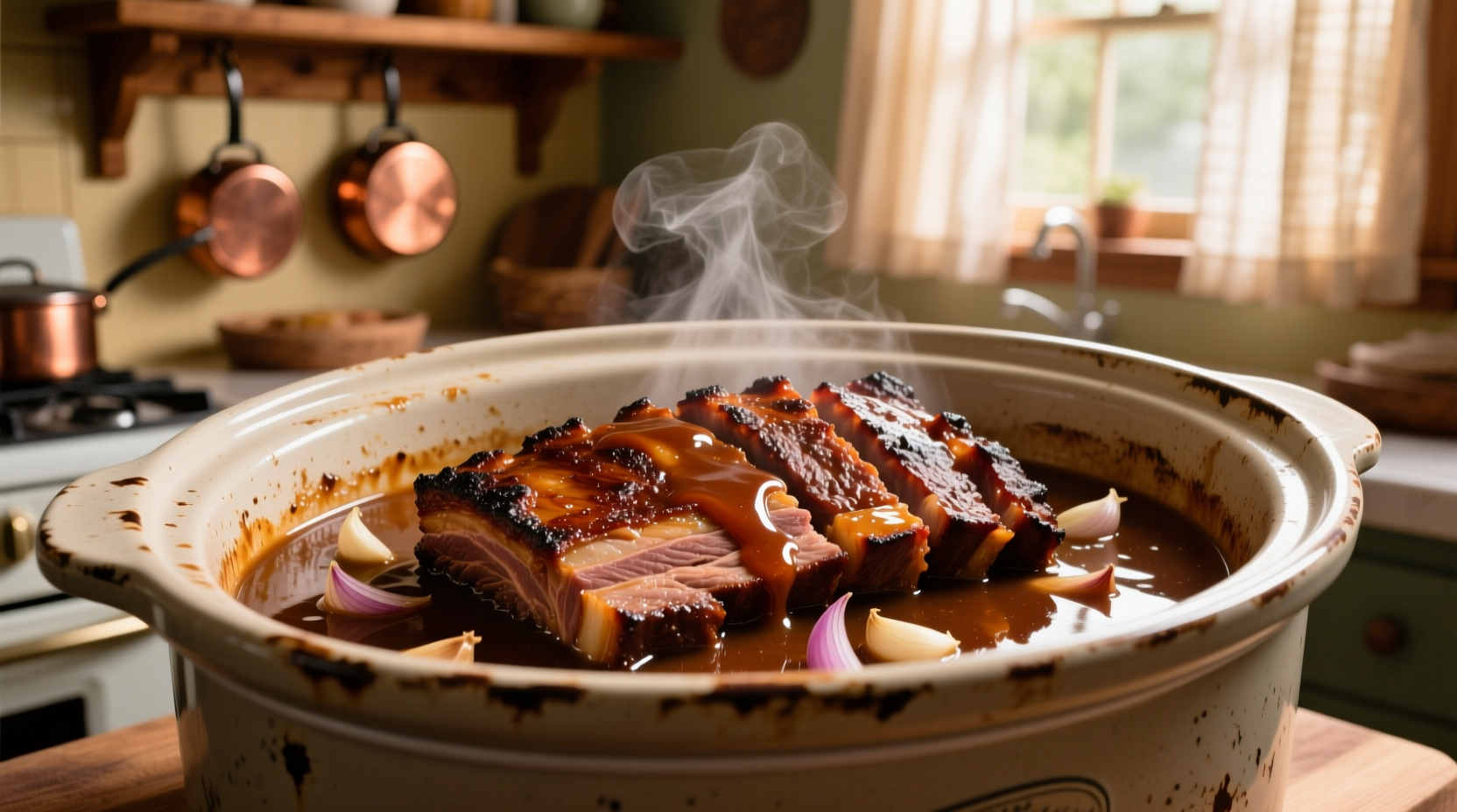 Perfectly cooked slow cooker brisket with rich gravy
