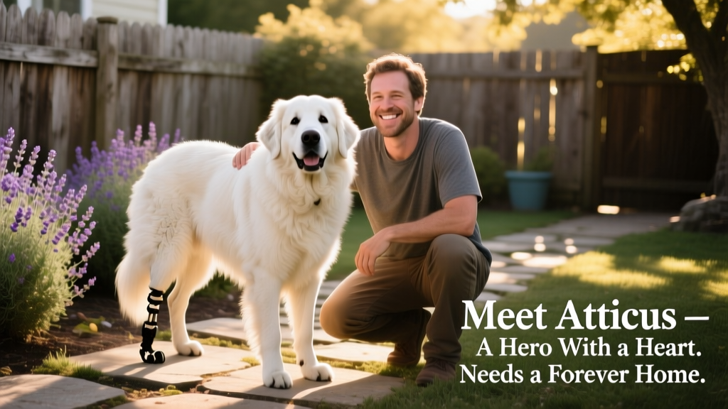 Atticus standing proudly beside Bernie, both smiling and relaxed in a sunlit backyard