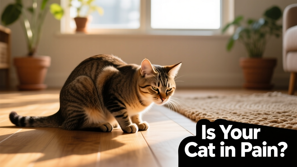 Cat sitting low to the ground with hunched back and tucked paws, eyes slightly squinted—demonstrating classic pain-related posture