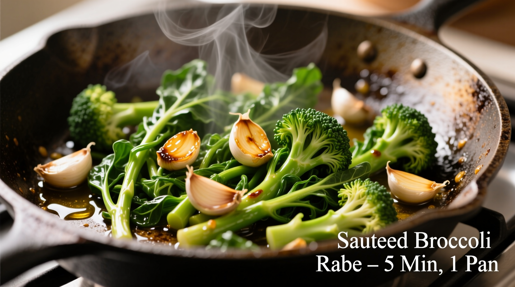 Perfectly cooked broccoli rabe in skillet with garlic
