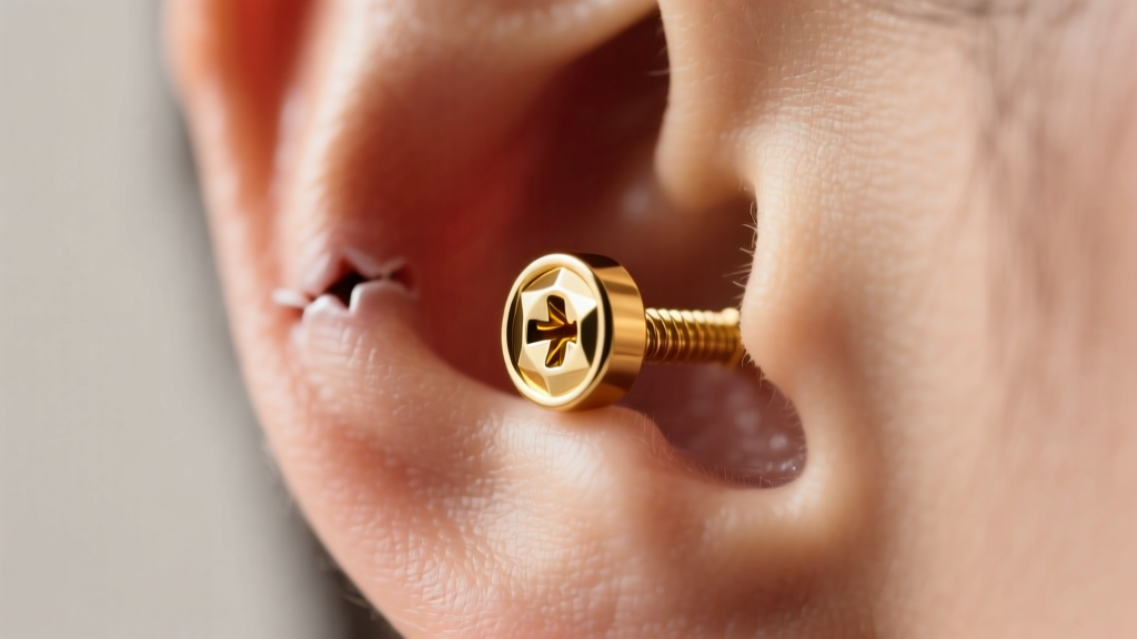 14k gold internally threaded screw stud earring in a healed cartilage helix piercing, photographed under soft studio lighting