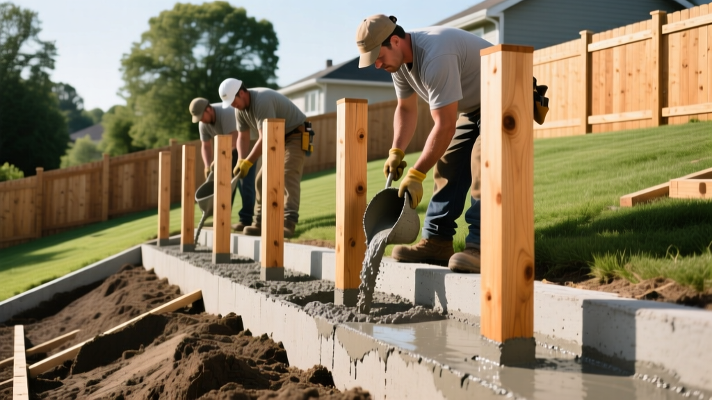 Contractors setting pressure-treated 4x4 pine posts in concrete for a structural wood privacy fence on a sloped suburban lot.