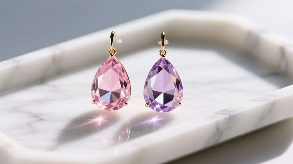Faceted morganite and rose quartz teardrop dangle earrings resting on white marble tray, bright natural daylight, macro close-up