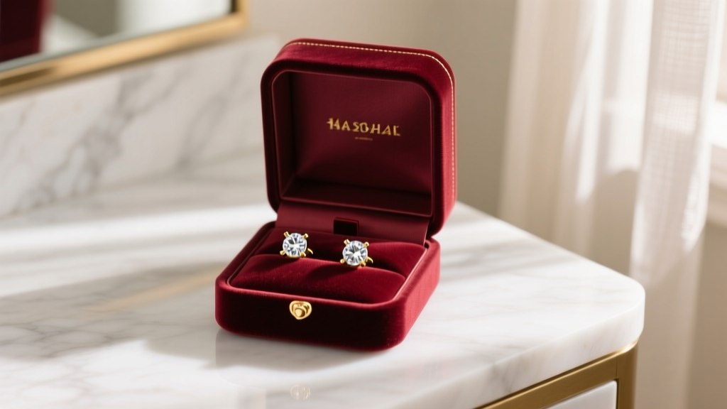 Open velvet gift box on a marble vanity revealing 14k gold 20-gauge diamond stud earrings under soft, warm morning light.