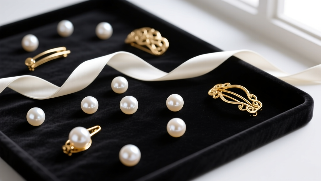 Overhead flat-lay of loose white Akoya pearls, ivory silk thread, and gold clasps arranged on a dark velvet jeweler's mat
