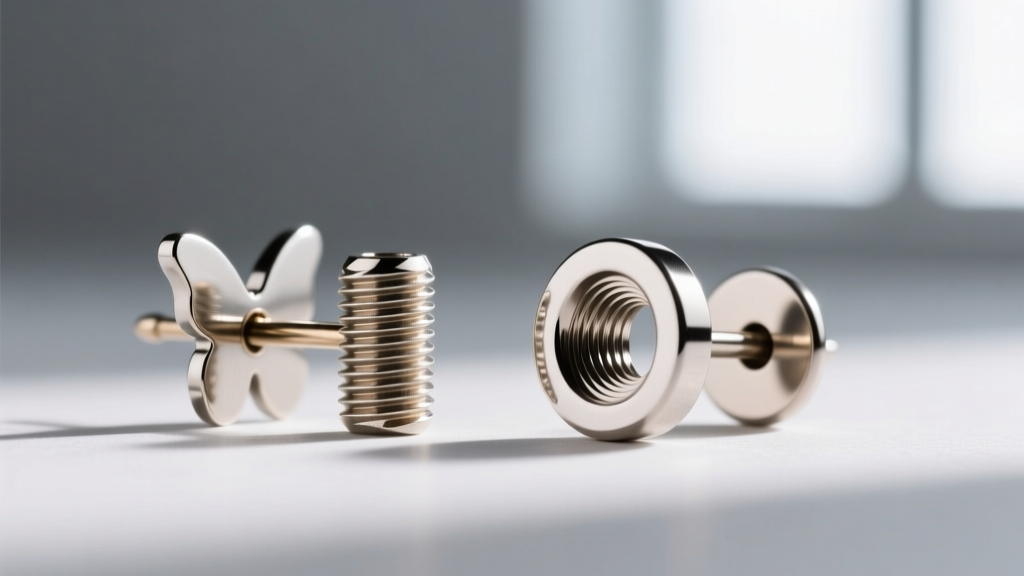 Close-up comparing an externally threaded 20-gauge butterfly back and an internally threaded 16-gauge titanium flat back earring.
