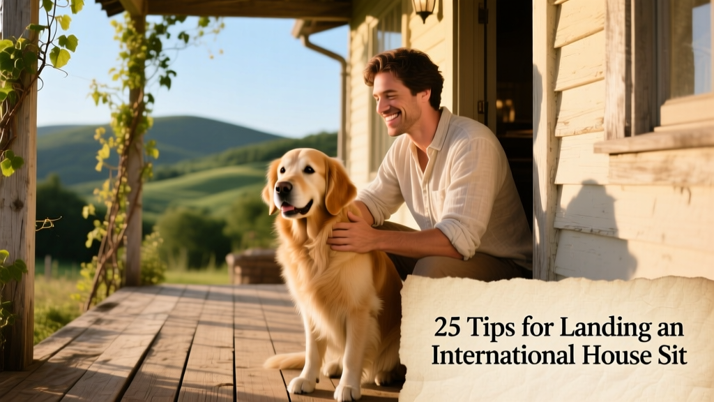 A smiling, trustworthy-looking person gently petting a calm dog on a sunlit porch, symbolizing warmth and reliability in pet care