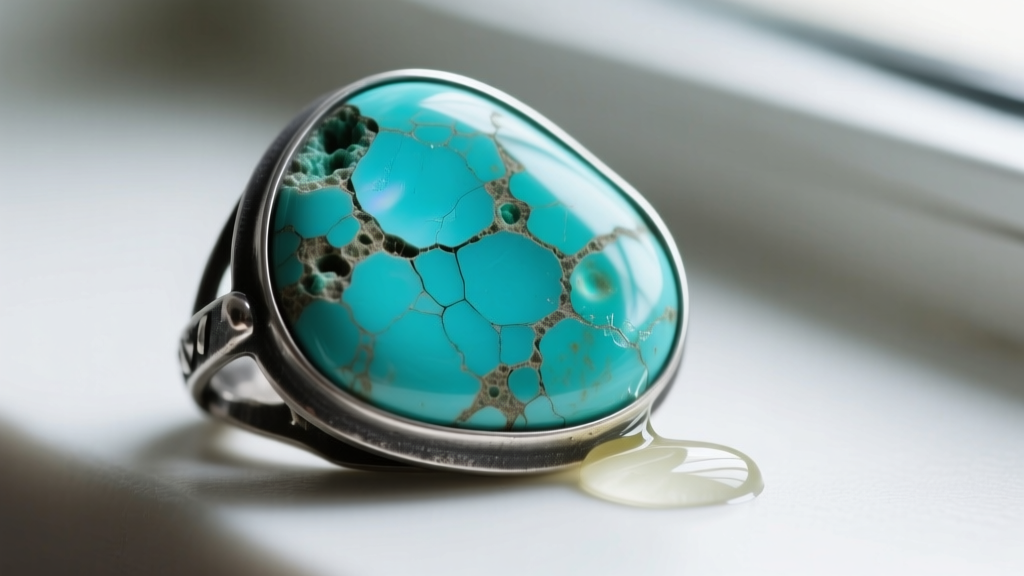 Macro view of porous turquoise in oxidized silver, showing the stone matrix and danger of using acidic cleaning solutions on soft gems