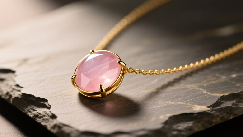 Cabochon crystal rose quartz necklace pendant in a 14k yellow gold bezel resting on textured slate with soft directional lighting.