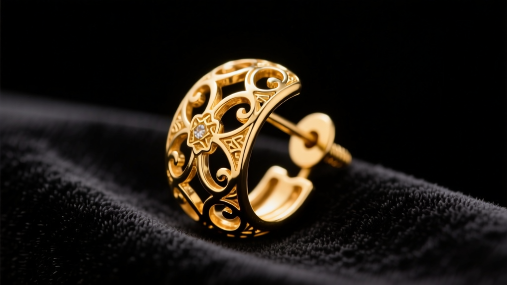 Macro photo of an antique 18k gold Francois Borgel screw-back earring resting on dark velvet under warm studio lighting