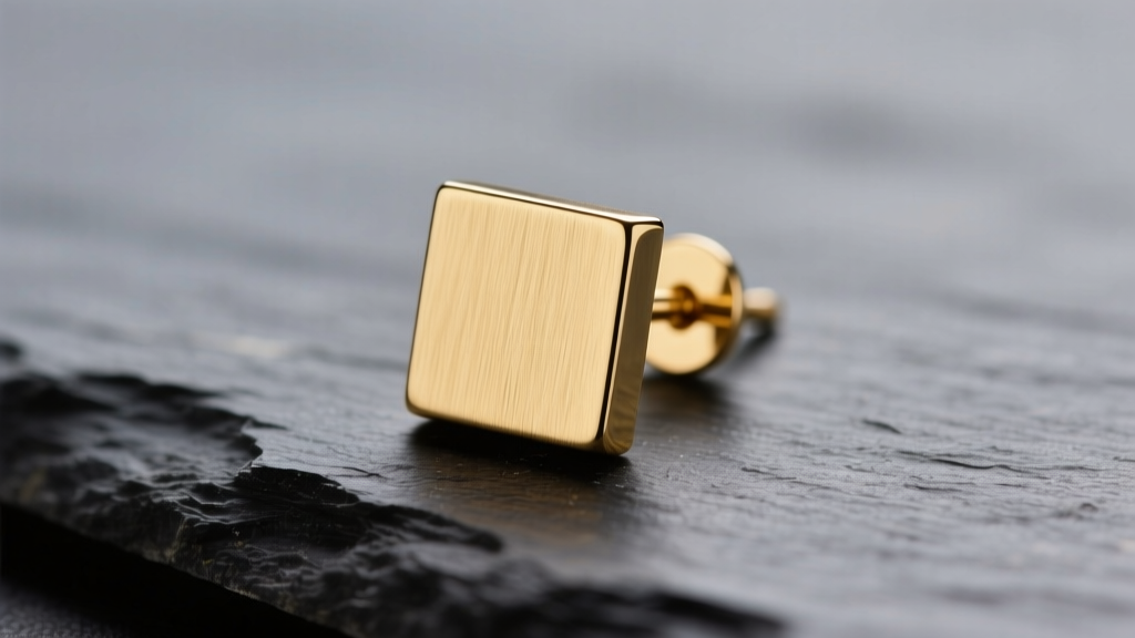 Macro shot of a 14k solid gold square earring stud with a brushed matte finish resting on dark slate under soft lighting.