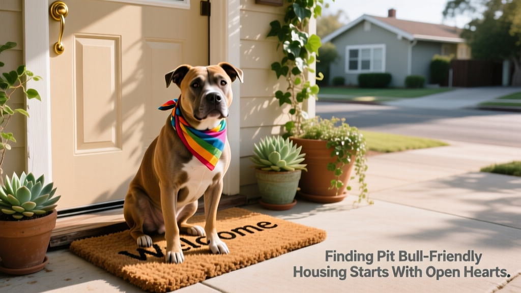 A well-groomed Pit Bull wearing a colorful bandana, sitting calmly beside a 'Welcome' mat outside an apartment door