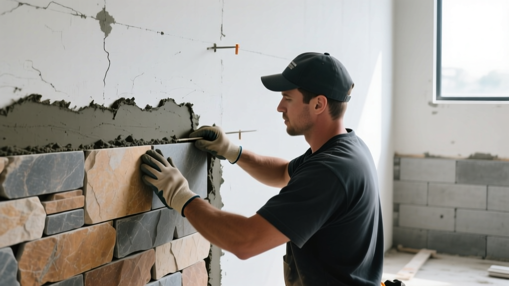Mason applying Type S mortar to the back of a manufactured stone veneer piece before pressing it onto a cured scratch coat exterior wall