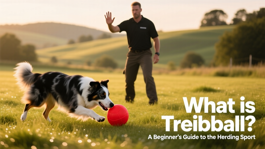 A handler and dog working together on a grassy field: the dog pushes a ball forward while the handler gives a clear hand signal