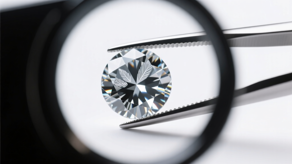 A 10x loupe inspecting a round brilliant gemstone in tweezers, showing internal inclusions against a bright white background