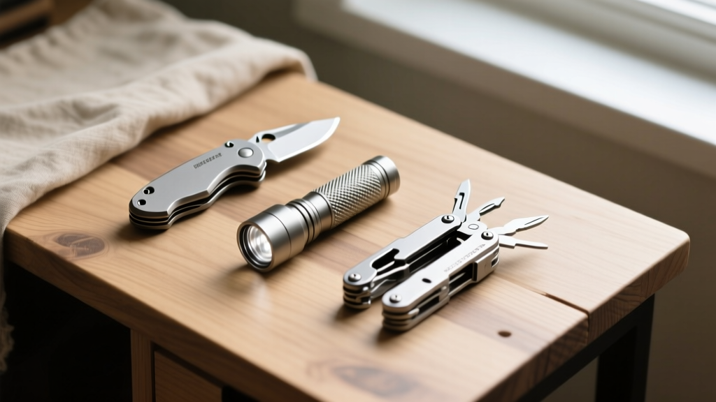 A flat-lay photography setup of budget EDC gadgets including a pocket knife, flashlight, and multitool on a wooden desk