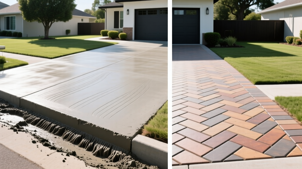 Split-view comparison of a newly poured broom-finish concrete driveway on the left and a herringbone pattern concrete paver driveway on the right