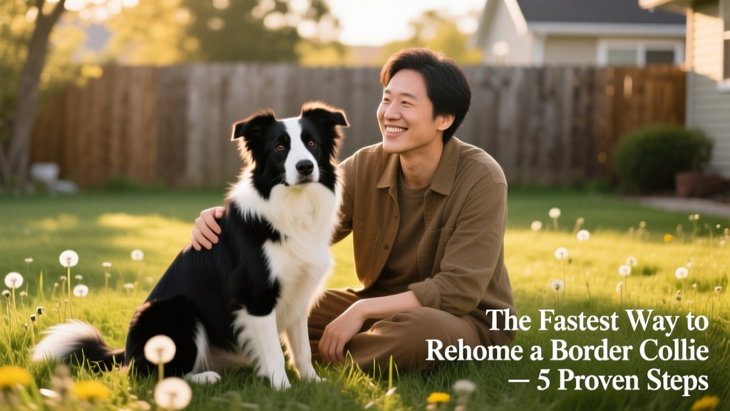 A calm, friendly Border Collie sitting beside a person on a grassy yard