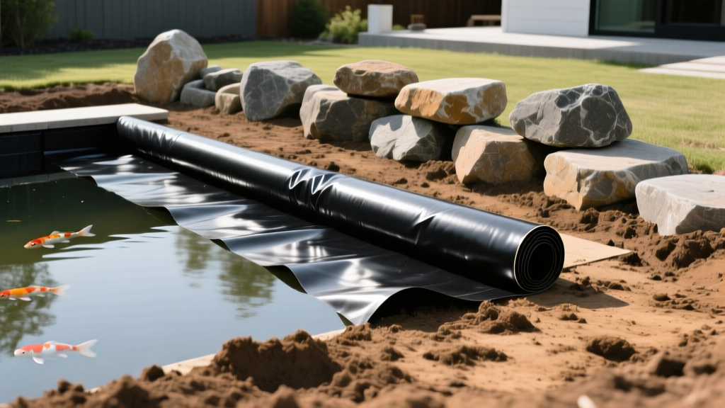 Backyard koi pond construction site showing excavated soil, black EPDM liner being unrolled, and stacked natural boulder edging