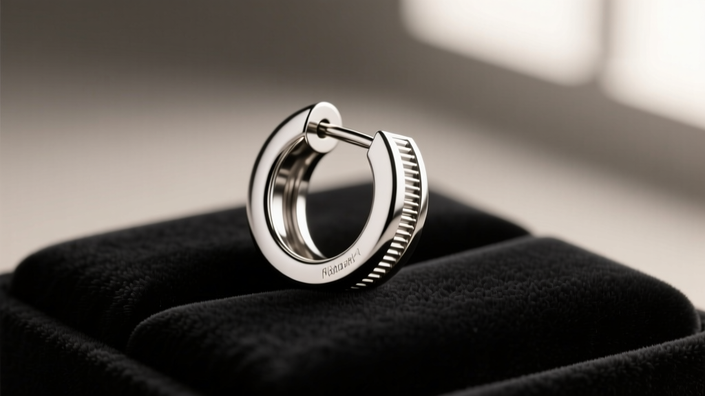 Macro photo of an implant-grade titanium flat-back earring with internal threading resting on a dark velvet pad in soft lighting