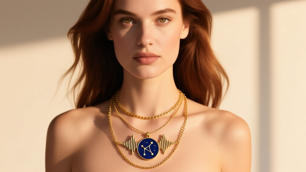 Woman wearing a layered soundwave and constellation pendant necklace in warm light, showcasing a 16-inch and 18-inch chain stack.